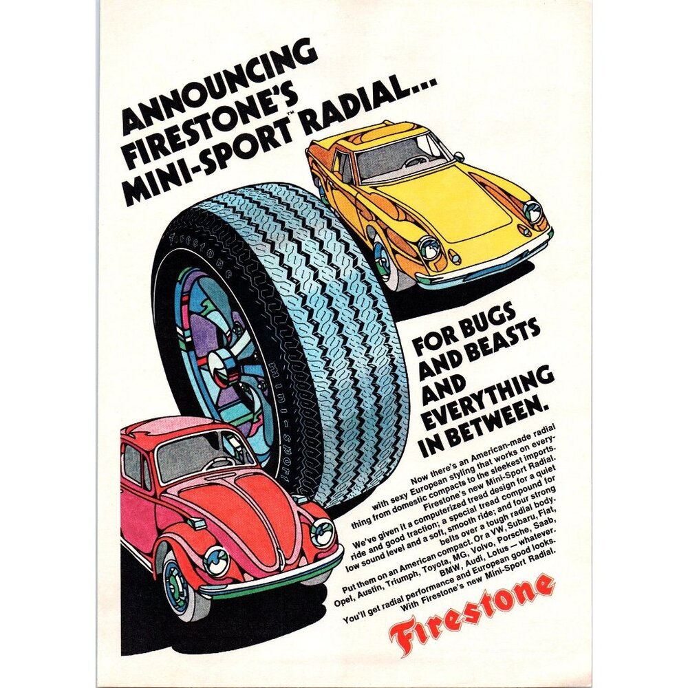 1973 Firestone Tires Mini Sport Radial Vintage Print Ad VW Beetle Bug Wall Art